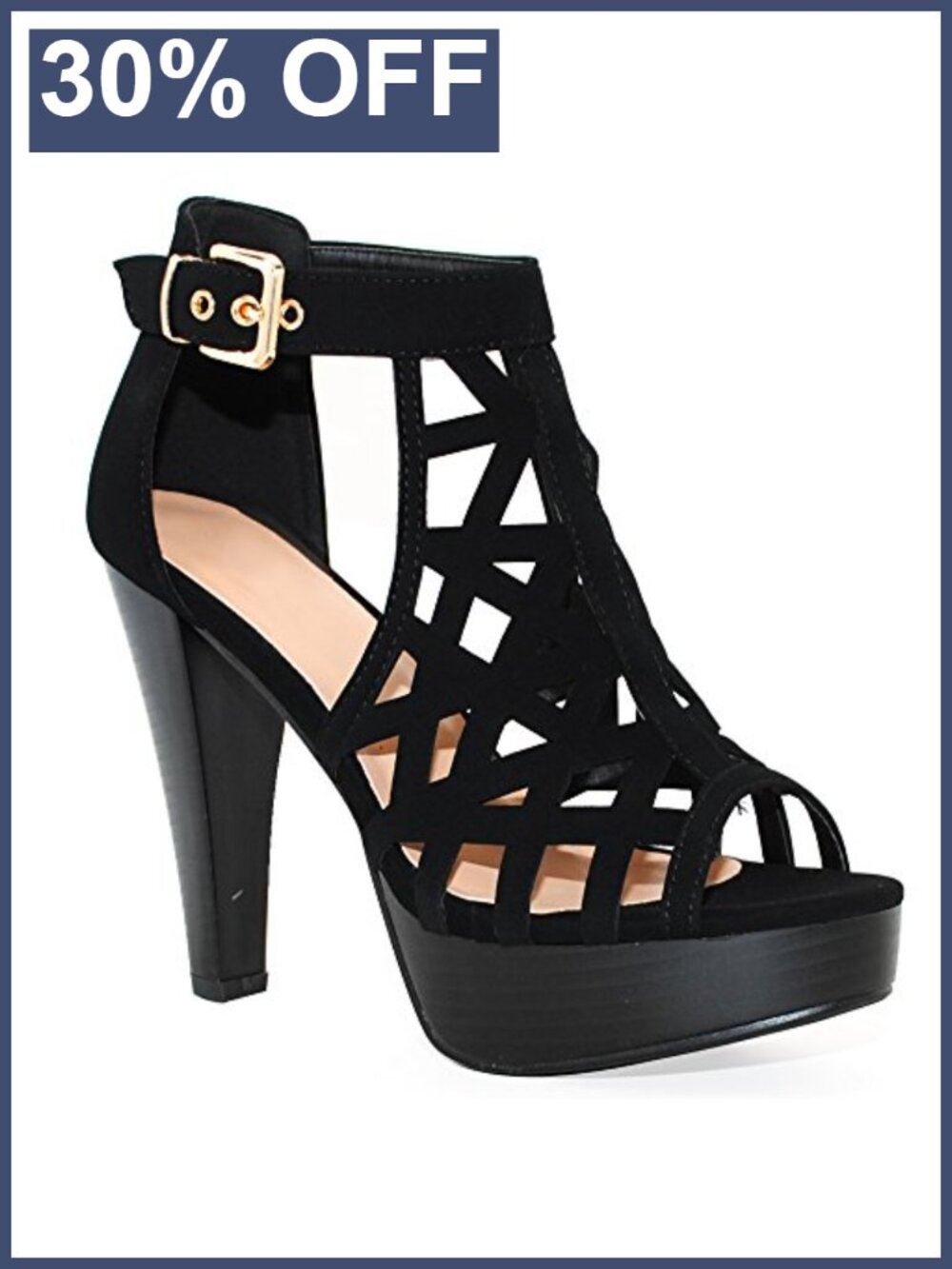 Open Toe Ankle Strap Platform Heeled Sandal Laser Cutout Stacked Heel